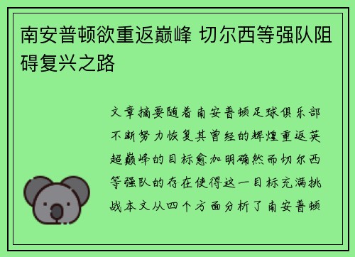 南安普顿欲重返巅峰 切尔西等强队阻碍复兴之路